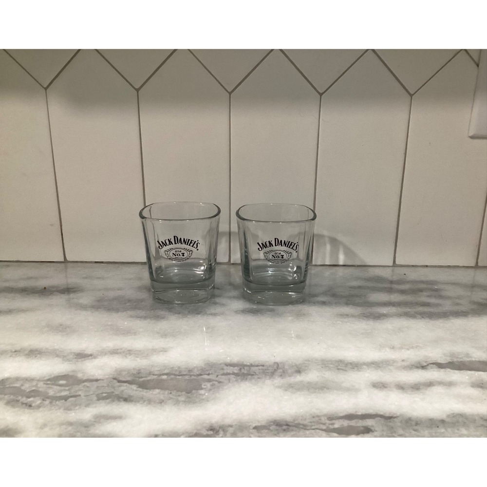 Jack Daniel's' Old No. 7 Whiskey Low Ball Glasses Weighted Embossed Bottom Set 2